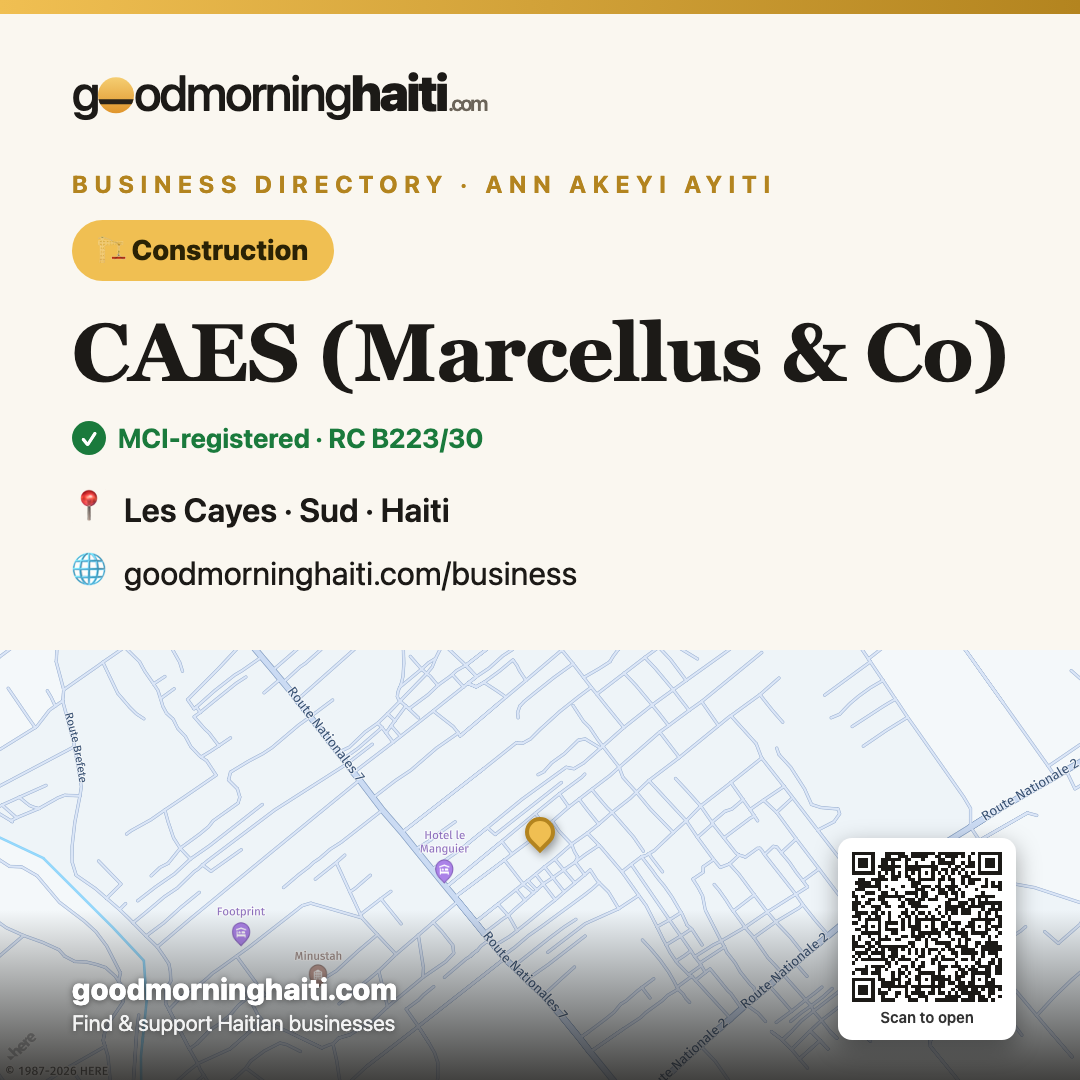 CAES (Marcellus & Co) — Construcción in Les Cayes, Haiti — Good Morning Haiti business card