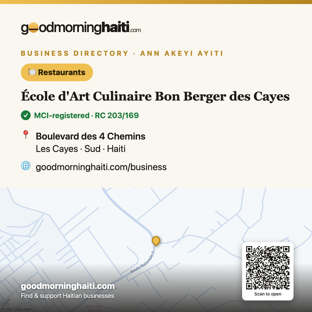 École d'Art Culinaire Bon Berger des Cayes — Restaurantes in Les Cayes, Haiti — Good Morning Haiti business card