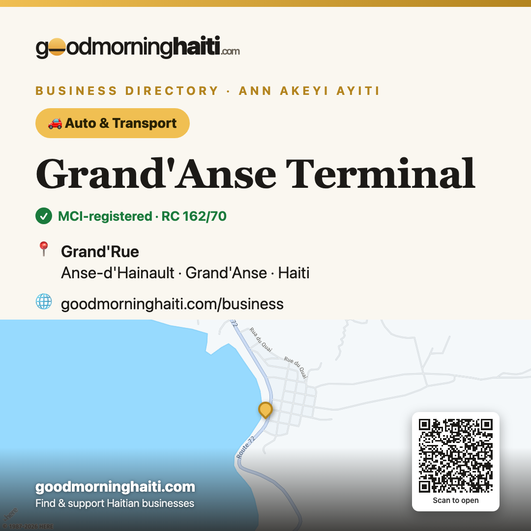 Grand'Anse Terminal — Auto & Transporte in Anse-d'Hainault, Haiti — Good Morning Haiti business card