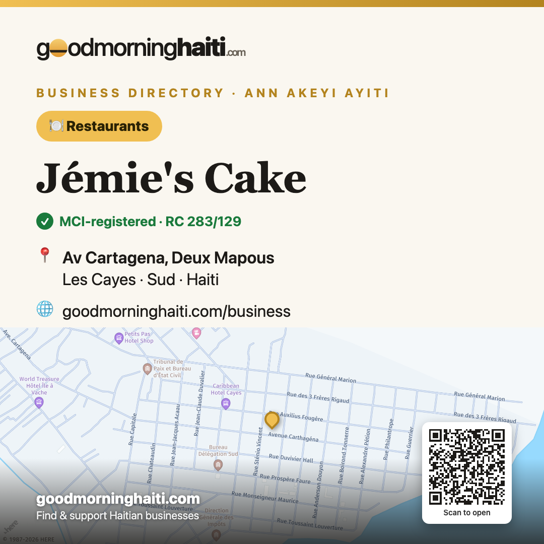 Jémie's Cake — Restaurants in Les Cayes, Haiti — Good Morning Haiti business card