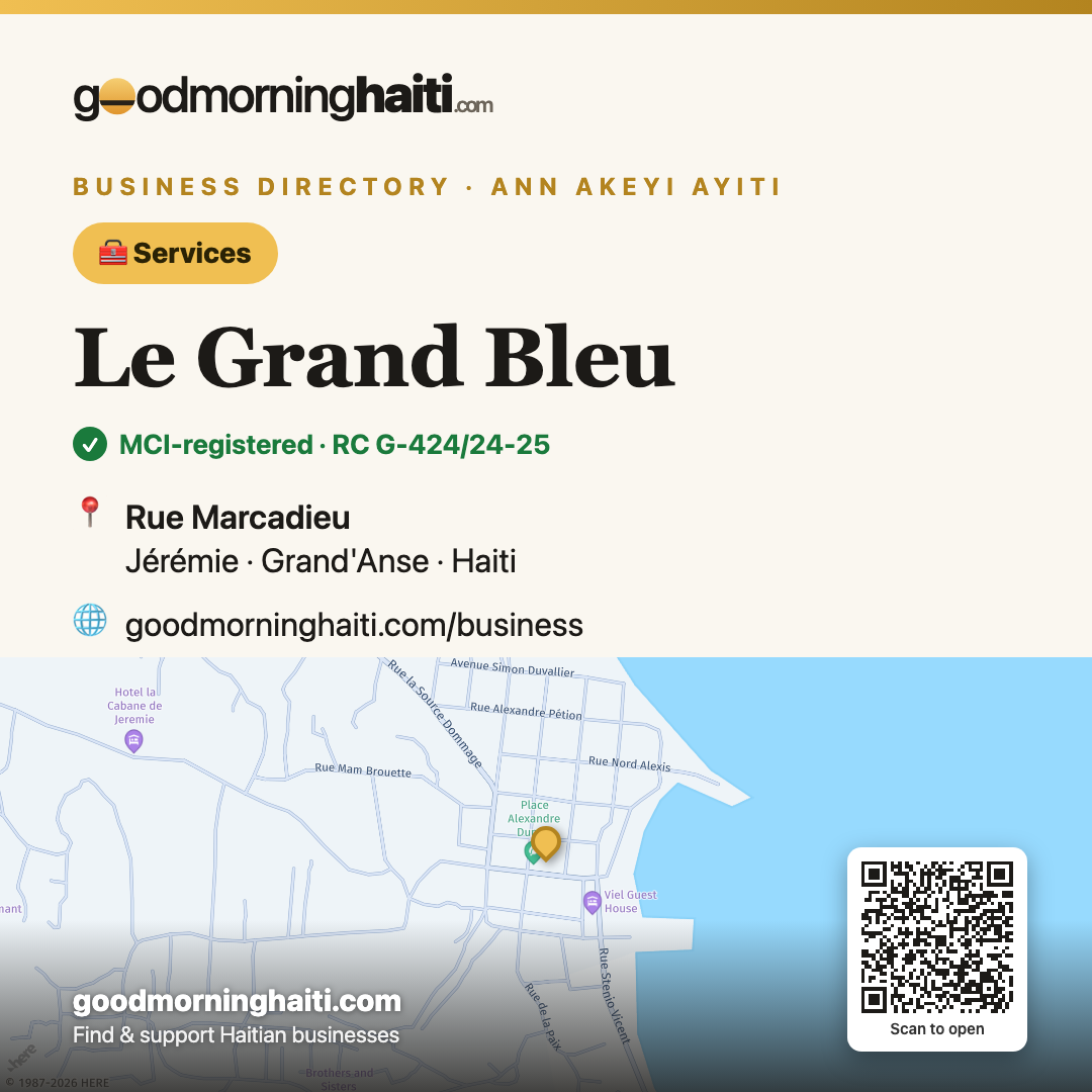 Le Grand Bleu — Servicios in Jérémie, Haiti — Good Morning Haiti business card