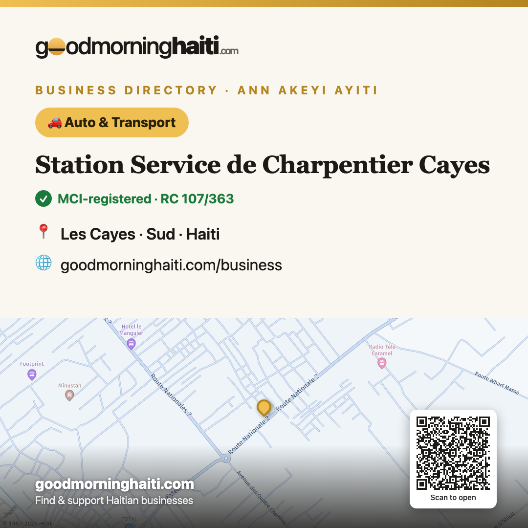 Station Service de Charpentier Cayes — Auto & Transport in Les Cayes, Haiti — Good Morning Haiti business card